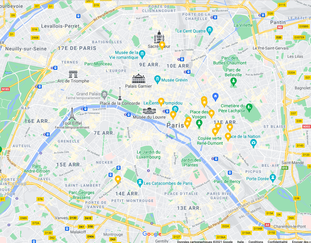 mappa di parigi con indirizzi creativi